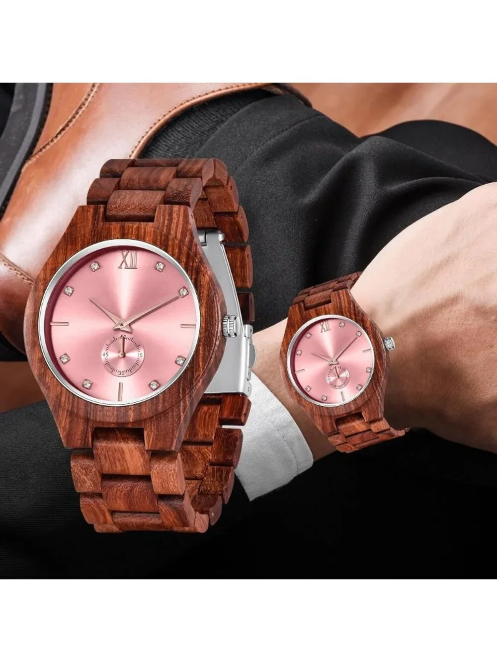 Men's Red&Pink 100% Manual Classic Wrist Analog Quartz Handmade Wooden Watch